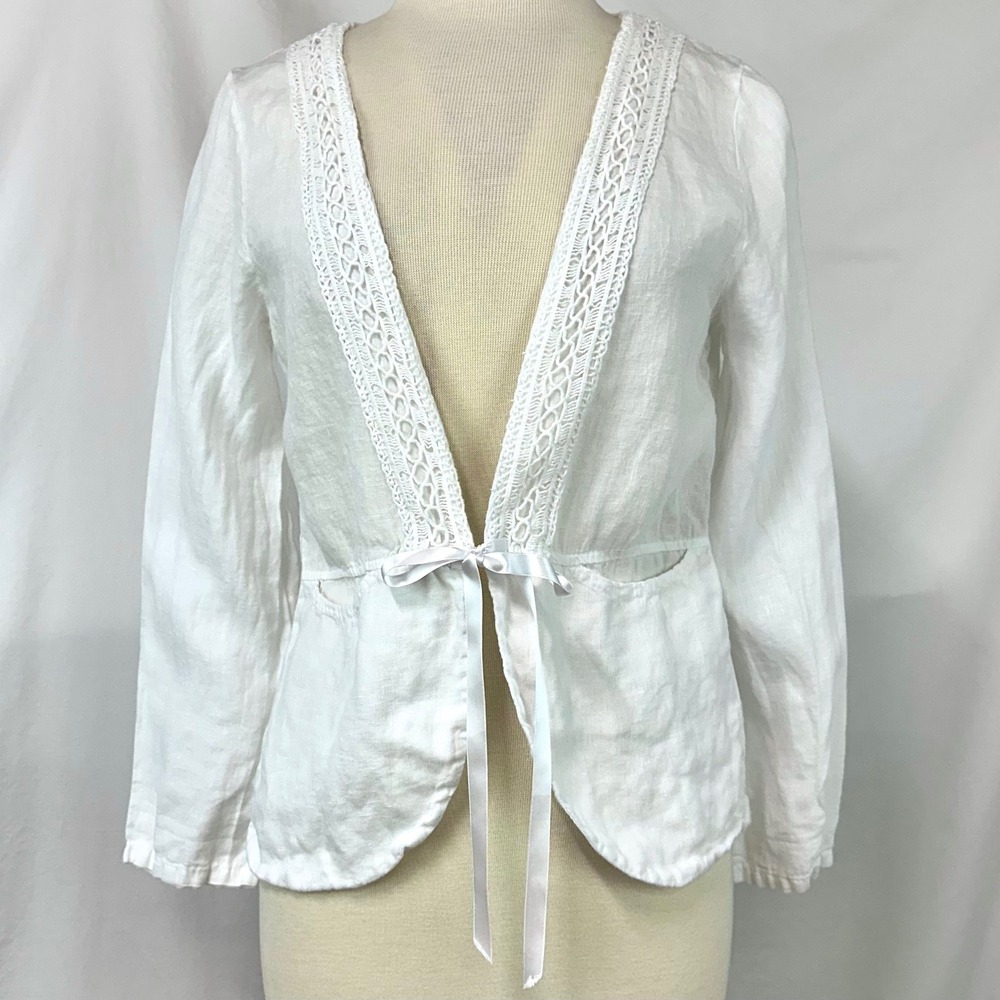 MADE IN ITALY White 100% Linen Crochet Lace Trim Ribbon Tie Front Jacket M Beach